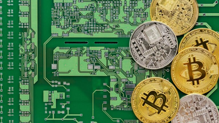Grøn kredsløbsplade med bitcoins, der symboliserer kryptovalutaers negative indvirkning som teknologiske klimasyndere