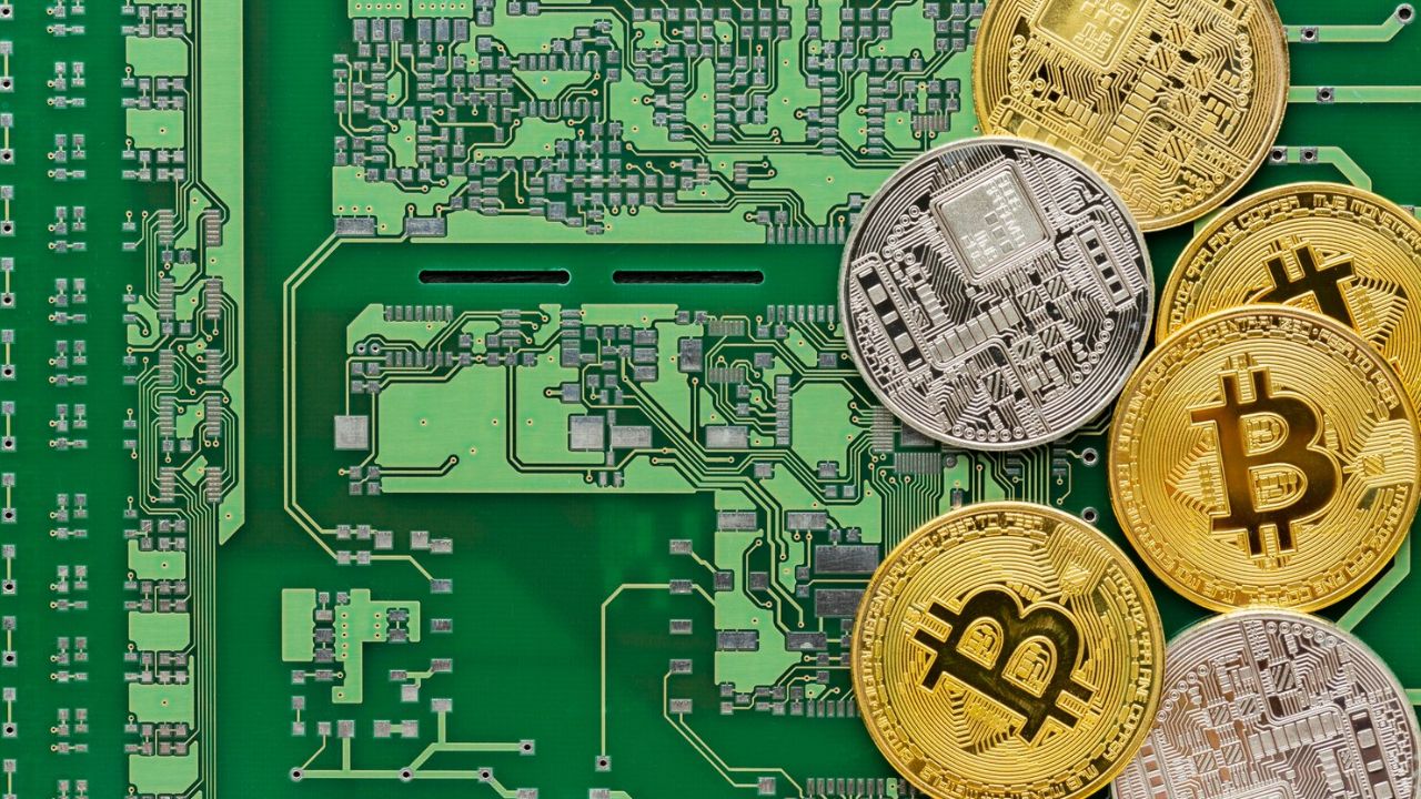 Grøn kredsløbsplade med bitcoins, der symboliserer kryptovalutaers negative indvirkning som teknologiske klimasyndere